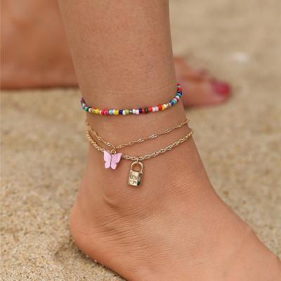 China Creative Alloy Multi-part Lock Style Vintage Beach Anklet Butterfly Dangle Anklet For Women for sale