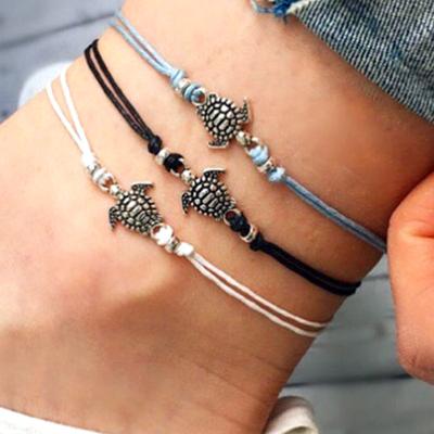 China Wholesale New Retro Vintage Style Three-color Turtle Beach Anklet Antique Silver Rope Wax Turtle Anklet for sale