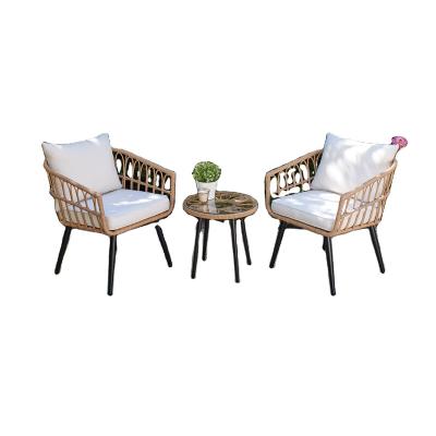 China Modern High Quality Outdoor Modern Patio Living Wicker Canvas Cushions 3 Piece Table And Chairs Garden Dining Set for sale