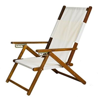 China White Fabric Folding Easy-Carry Wooden Beach Chair with Carry Strap Perfect for Lawn and Deck Patio Camping for sale