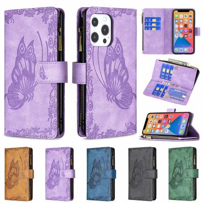 China Anti-fall PU Leather Emboss 3D Butterfly With Zipper Book Case For iPhone 13 8 PLUS 6S Pro 12 Mini 11 X XS XR SE 7 7 for sale