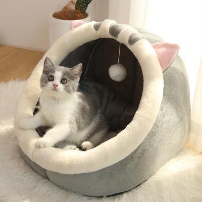 China Amazon Cartoon Style Pets Sustainable Warm Pet Beds Winter Cozy Cotton Cat House Pet Cat Bed for sale