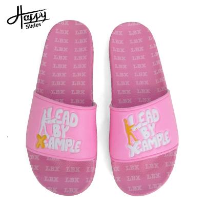 China Fashion Trend Happyslides Printed PVC Beach Slippers, Logo Slides Casual Footwear Women Custom Made Black, Cheap Trendy Slippers Summer 2019 for sale