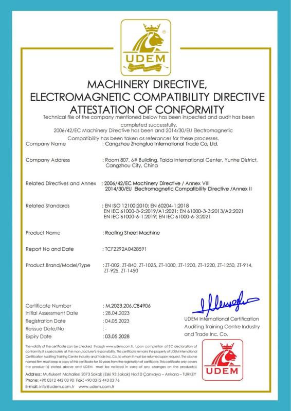 CE - Cangzhou Zhongtuo Roll Forming Machinery Co., Ltd.