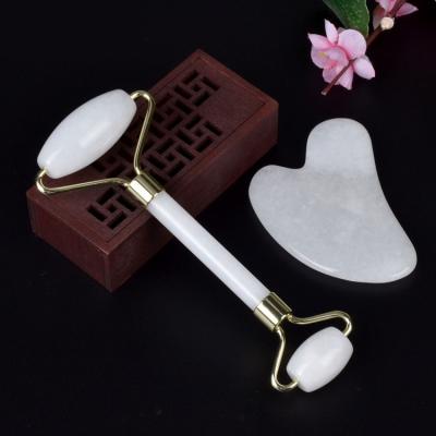 China White Jade Roller Face Care Massager Metal Bracket Jade Roller and Facial Gua Sha for sale