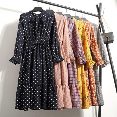 China Casual Dress Breathable Vintage Women Chiffon Dress Long Sleeve Bow Floral Print Dress for sale