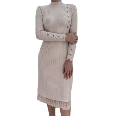 China Anti-wrinkle Lace Edge Buttons Women Autumn Winter Sweater Knitted Dresses Slim Elastic Midi Dresses for sale