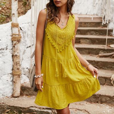 China Breathable Summer Dresses Women Elegant V-neck Boho Dress Vintage Sleeveless Casual Sundress for sale