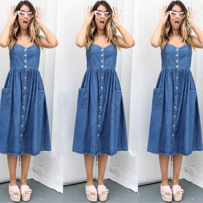 China Breathable Casual Denim Dress Outfits For Women Sleeveless Strap Button Pocket Jeans Dresses for sale