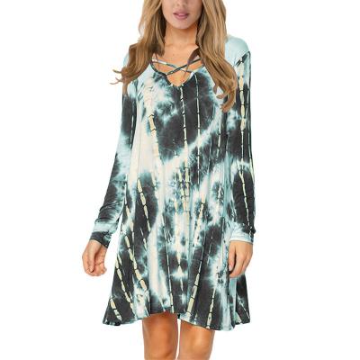 China 2020 Breathable Women's Dress V Neck Tie Dye Long Sleeve Breathable Casual Loose Dresses for sale