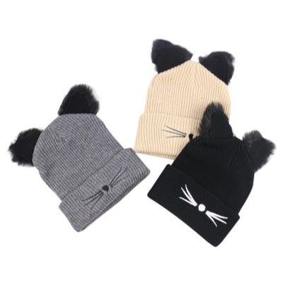 China Cat Ears Embroidery Beanies Crimping Wool Fashion Casual Ski Winter Hat Unisex Casual Version for sale