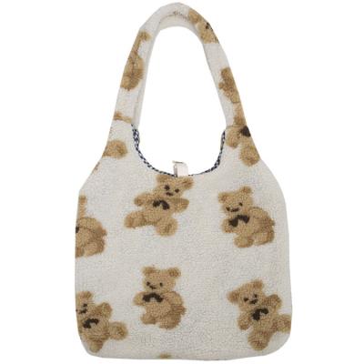 China Preppy Style Women Lamb Tote Bag Fluffy Fur Bear Shoulder Handbags Soft Shopping Bag Cute School Bag for sale