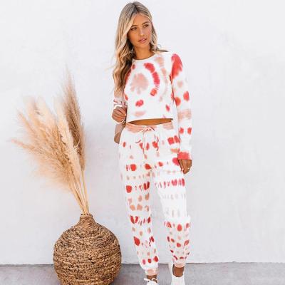 China High Street Casual Vintage Women Tie Dye Print Sweatshirt And Jogging Pants Pants Two Piece Set for sale