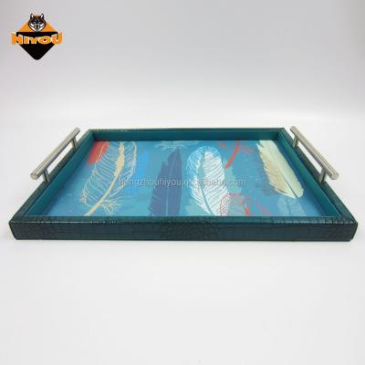 China Suitable for Office 2016 New Style Faux PU Leather Tray Leather Serving Tray With Metallic Handle for sale