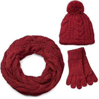 China Long 3 Piece Winter Knit Beanie Hat Long Scarf Neck Warmer Gloves Set High Quality Cashmere As Women's Cold Weather Accessory for sale