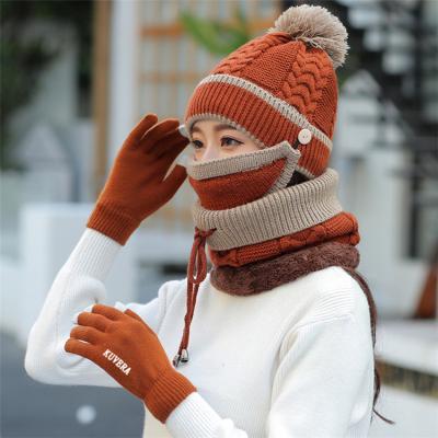 China Short 4 Piece Winter Knit Beanie Hat Mask Scarf Neck Warmer Gloves Sets High Quality Women's Cold Weather Bobble Accessory Hats for sale