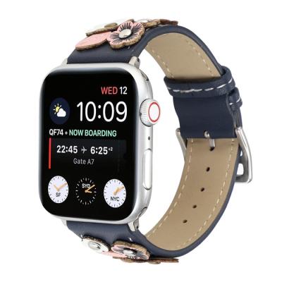 China Fashion Flower Watch Band Replacement Strap Handmade Applique Leather Watch Band For Apple Watch 5 for sale