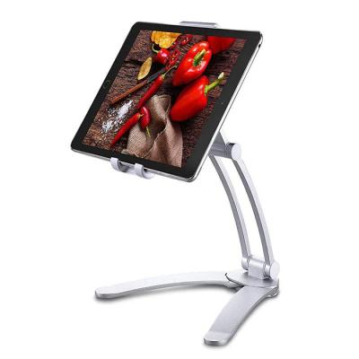 China Easy to Use and Portable 2 IN 1 Aluminum Folding Desk Tablet Stand Kitchen Adjustable Wall Tablet Phone Mount Desk Holder for iPad Holder for sale