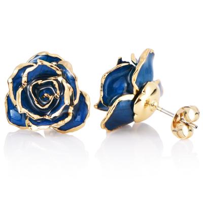 China Alloy And Real Rose Gold Dipped Earrings Pink Roses Blue Rose Eternal Decoration for sale