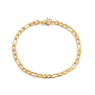 China Hot Sale CLASSIC Fashion 18k Gold Plated Figaro Chain 4mm Thin Bangle Jewelry Mens Stainless Steel Stacking Bracelet for sale