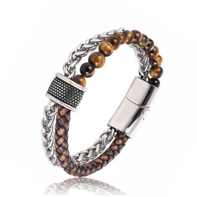 China Fashion Stainless Steel Casual/Sporty Chain Bracelet For Men Jewelry Natural Stone Tiger Eye Magnetic Buckle Leather Beaded Bracelets for sale