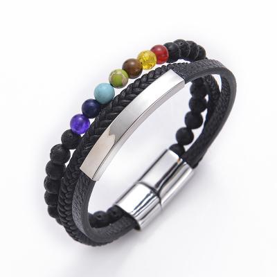 China Fashion Casual/Sporty Men's Bracelets Jewelry Stainless Steel Wrap Bracelet 7 Chakra Bead Leather Black Bracelet for sale