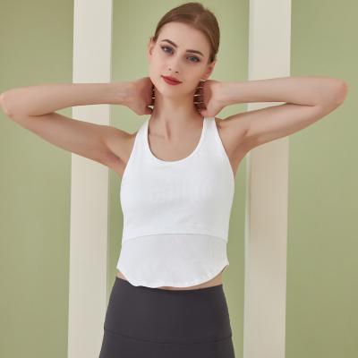 China Solid color seamless knitting i-shape fitness vest solid color stripes cover the belly back yoga shirt woman for sale