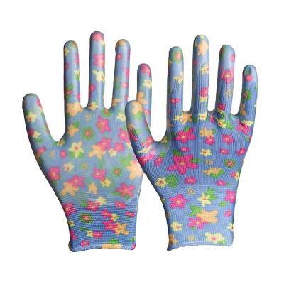 China Flexible Customized Logo Printing Flower Knitted Liner Palm Nitrile Garden Work Gloves for sale