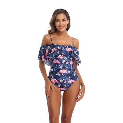 China Breathable Women's One Piece Swimsuit Vintage Off The Shoulder Flamingo Or Leaf Print Swimwear Ruffled Swimwear For Woman for sale