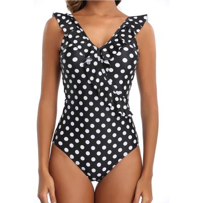 China Women Breathable Swimwear One Piece Tummy Control V-Neck Ruffled Dot Print Swimwear Black And Ruched White for sale