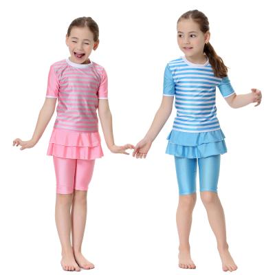 China Girl Color Short Sleeve Breathable Swimwear Printing Two Piece Swimsuit With Skirt For Girls for sale