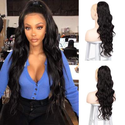 China Cheap Wholesale 24 Inch Body Wave Synthetic Hair Ponytails Wigs Long Hair Extension Heat Resistant Wrap Around Drawstring for sale