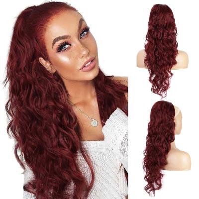 China Wholesale Body Wave Wine Red Ponytail Extensions For Color Women Long Synthetic Drawstring Ponytail Wavy Clip In Wig For Girls 24