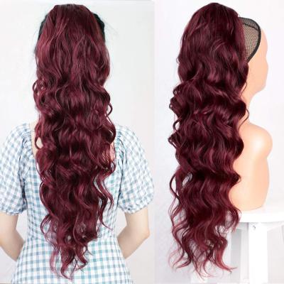 China Wholesale Body Wave Cheap Burgundy Ponytail Extensions For Afro Color Women Synthetic Drawstring Ponytail Long Wavy Clip In Wig Wigs for sale