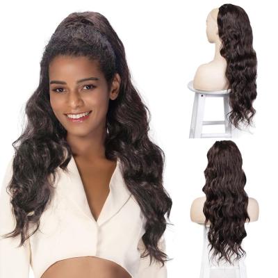 China Wholesale Body Wave Dark Brown Drawstring Ponytail Extension Long Curly Wave Synthetic Ponytail Hair Extension Clip In Ponytail Wig for sale