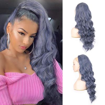 China Wholesale Cheap Blue Body Wave Long Body Wave Synthetic Hair Extension Heat Resistant Wrap Around Curly Drawstring Ponytail Wigs for sale