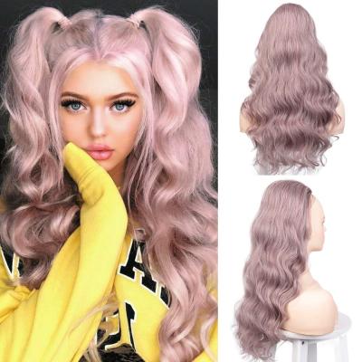 China Cheap Wholesale Pink Long Body Wave Synthetic Hair Extension Heat Resistant Wrap Around Curly Drawstring Ponytail Wigs for sale