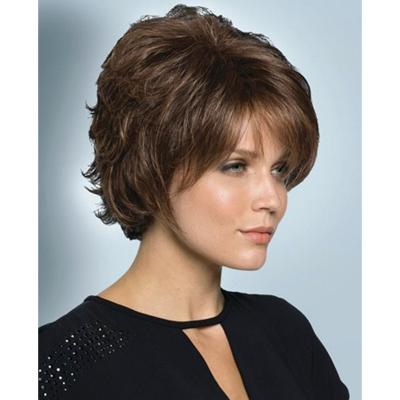 China Wholesale Natural Looking Short Brown Curly Human Hair Wigs For White Women Layered Pixie Cut Bob Wavy Synthetic Fiber Wig With Bangs for sale