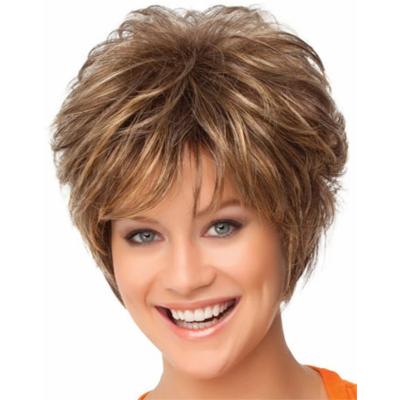 China Wholesale Natural Looking Short Layered Pixie Cut Curly Natural Blonde Hair Wigs Machine Made Heat Resistant Synthetic Wavy Wig With Bangs for sale