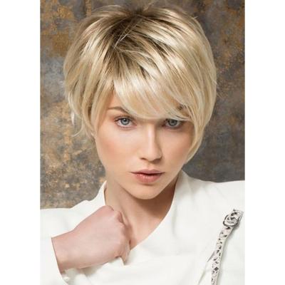 China Wholesale Cheap Natural Looking Blonde Wig With Bangs For White Women Short Pixie Cut Wig Natural Platinum Ombre Hair Synthetic Wigs for sale