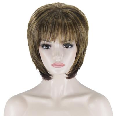 China Natural Look Heat Resistant Brown Synthetic Mixed Blonde Short Bob Straight Highlight Wig Bangs Pixie Cut Synthetic Hair Wigs For Women for sale