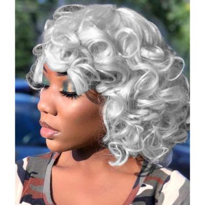 China Afro Kinky Curly Hair Bangs Wigs With Bangs For Black Women Gray Gray Glueless High Temperature Synthetic Short African Silver Wig for sale