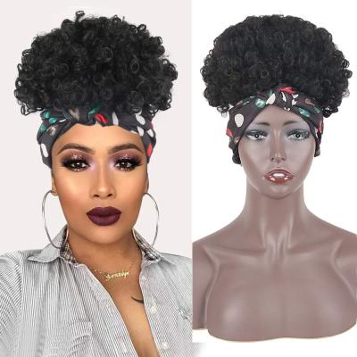 China Pretty and Soft Headband Hairband Wigs For Women Color 2 In 1 Afro Wrap Short Curly Synthetic Drawstring Turban Wig Full Wigs With Headband for sale