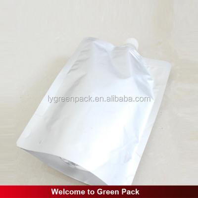 China Shock Resistance Stand Up Spout Silver Plastic Bag For Liquid Juice Milk Wine Packaging Pouch for sale