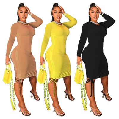 China 2021 Autumn Fashion Drawstring Bodycon Dress Winter Long Sleeve Casual Wear Women Anti-Static for sale