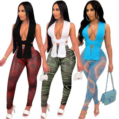 China Wholesale Anti-Pilling Bandage Sleeveless Tank Top 2 Pieces Set Fashion Print Two Piece Pants Set Women for sale