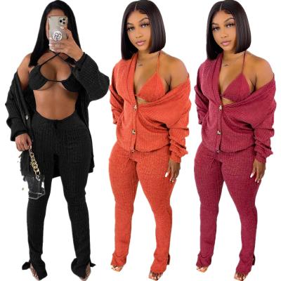 China Wholesale fashion anti-pilling three pieces knit cardigan and sweater set long pants 3 piece lounge wear set women's clothing for sale