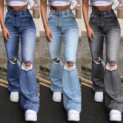 China Fashion S~2X Breathable Wholesale Breathable High Waist Flared Jeans Blue Ripped Jeans Women for sale