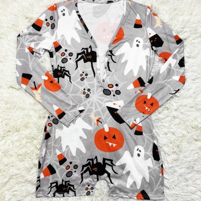 China 2021 QUICK DRY Halloween Pattern Printed Onesie Long Sleeve Adult Sleep Wear Pajamas For Women for sale