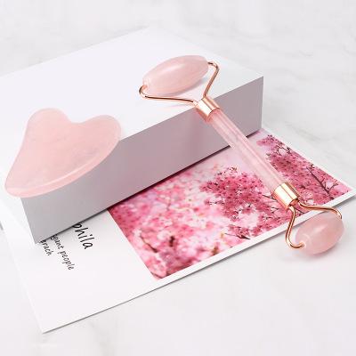 China Natural Pink Jade Stone Face Roller Massager Gua Sha Guasha Board Plate Pink Quartz Massage Scraping Tool for sale